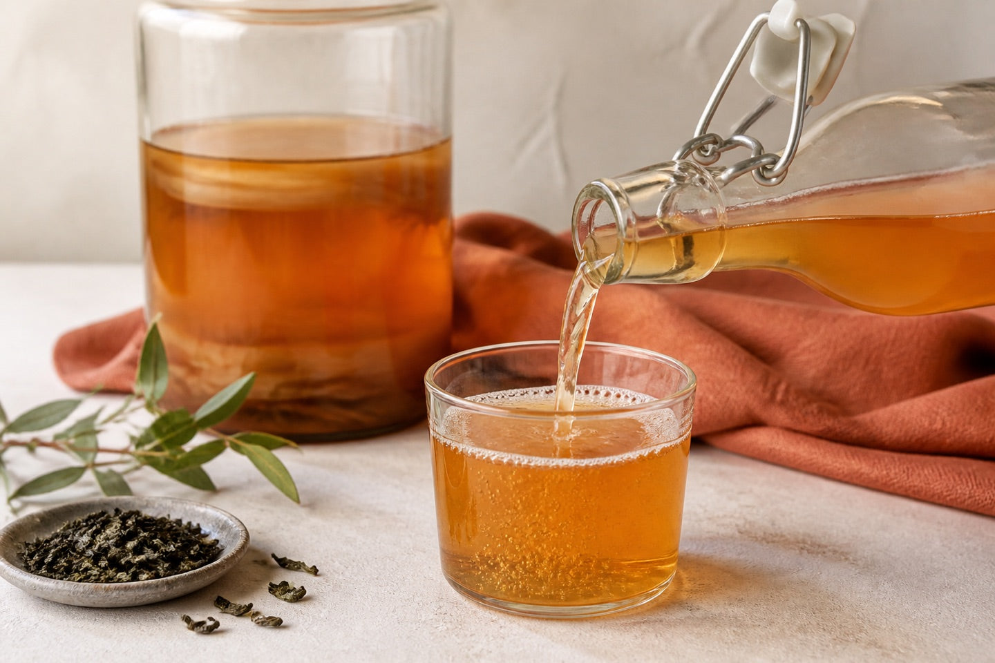 Amberkleurige kombucha wordt uit een glazen fles in een klein glas geschonken