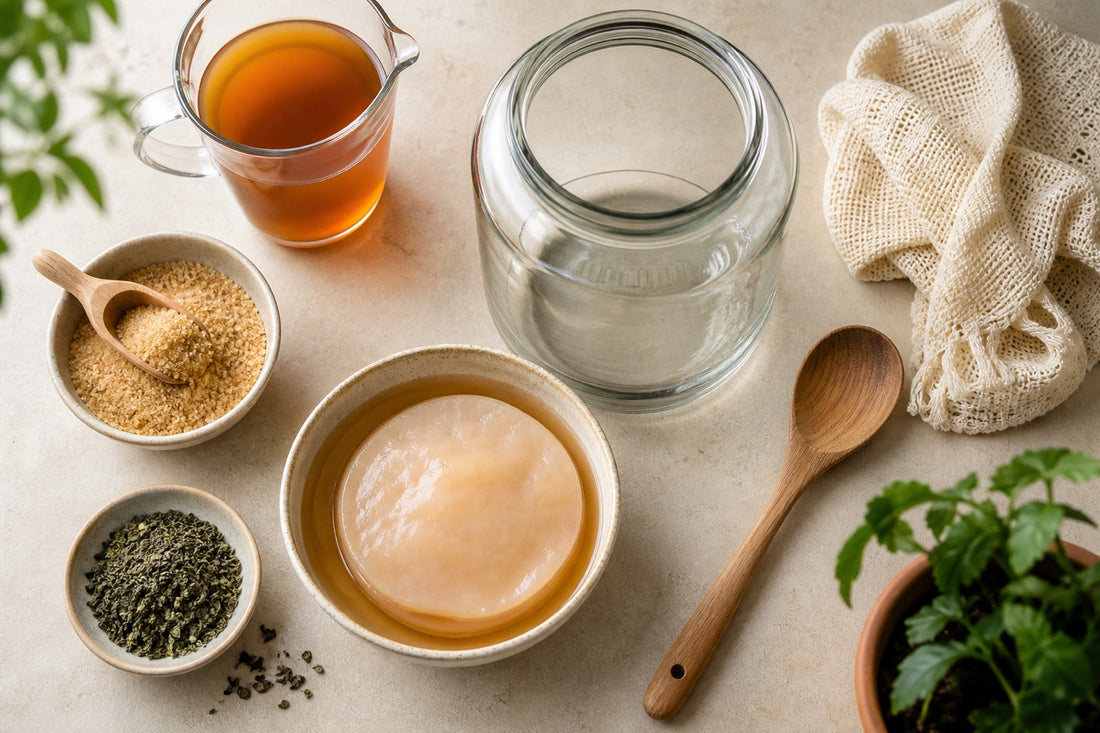 Benodigdheden voor kombucha maken met SCOBY, thee, suiker, doek en glazen pot
