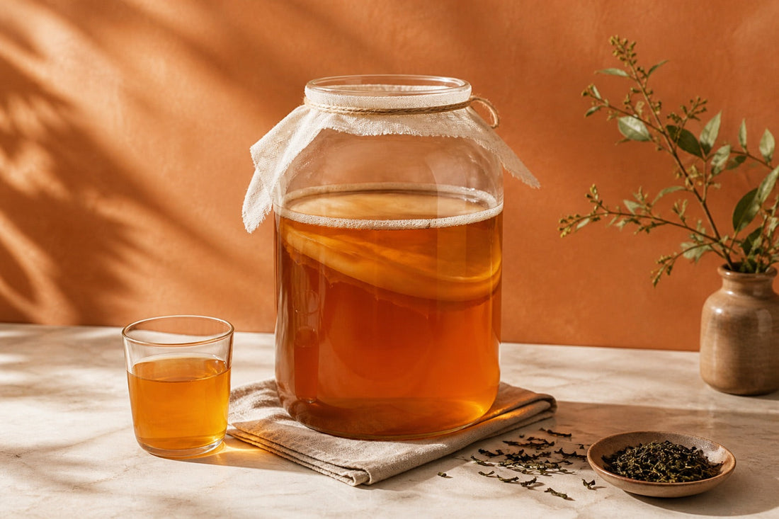 Glazen pot met amberkleurige kombucha, SCOBY, groene thee en een proefglas