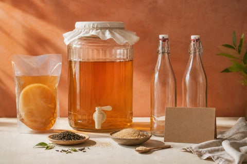 Kombucha startpakket met glazen pot, SCOBY, thee en suiker