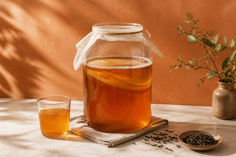Glazen pot met amberkleurige kombucha, SCOBY en groene thee