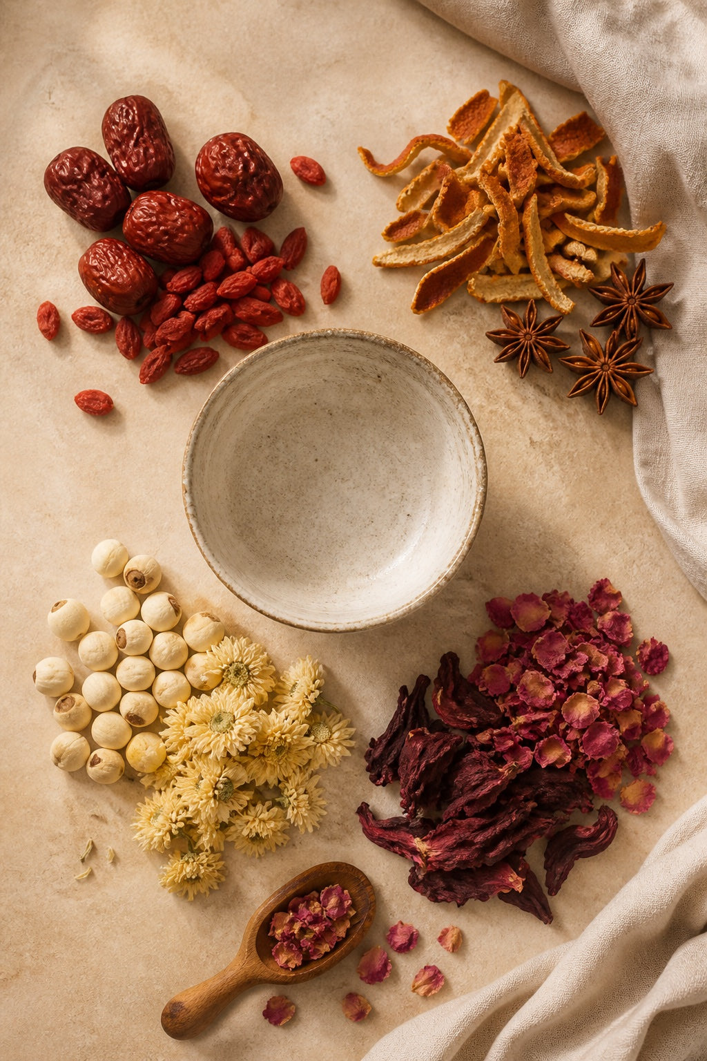 Jujube, goji, mandarijnschil, lotuszaad en bloemen voor Elixx blends