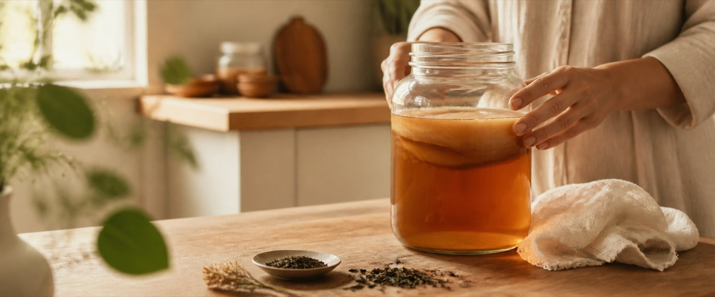Handen verzorgen een glazen fermentatiepot met amberkleurige kombucha en SCOBY